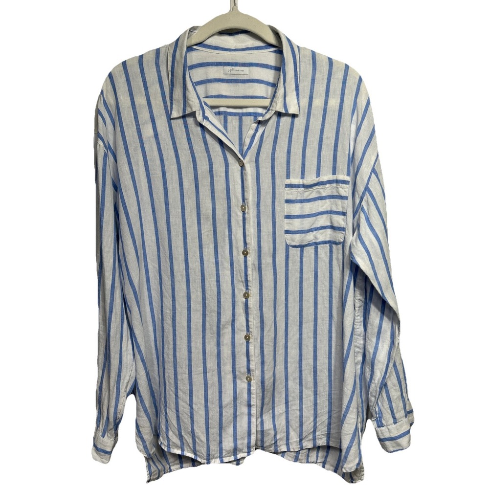 J. Jill Love Linen Long Sleeve Striped Button Front Top Blue‎ White Size L Beach - Picture 3 of 11